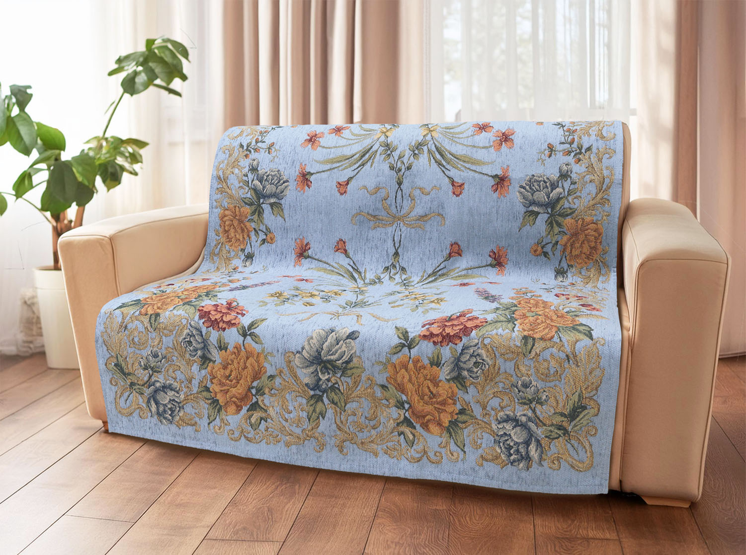 イタリア製中掛けカバー フラワーマルチ 2人掛 105×175cm（ライトブルー）