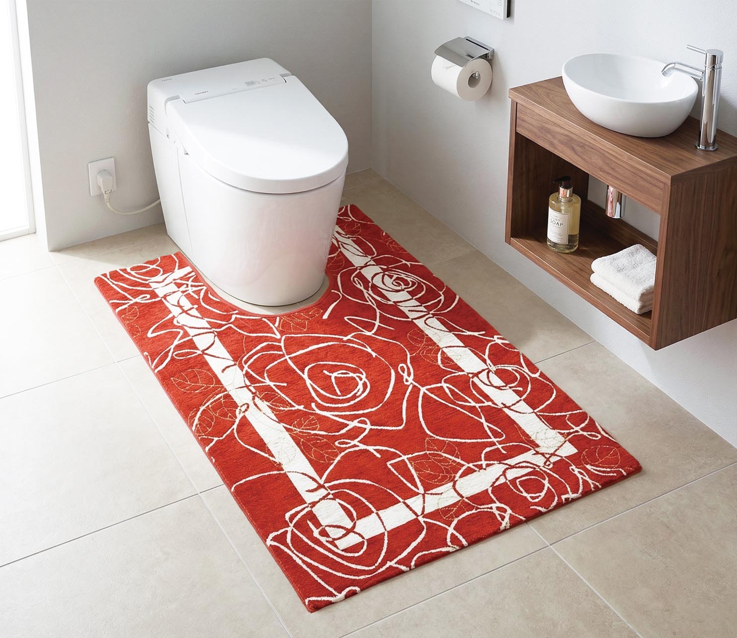 イタリア製トイレマット カメリア 65×90cm（レッド）