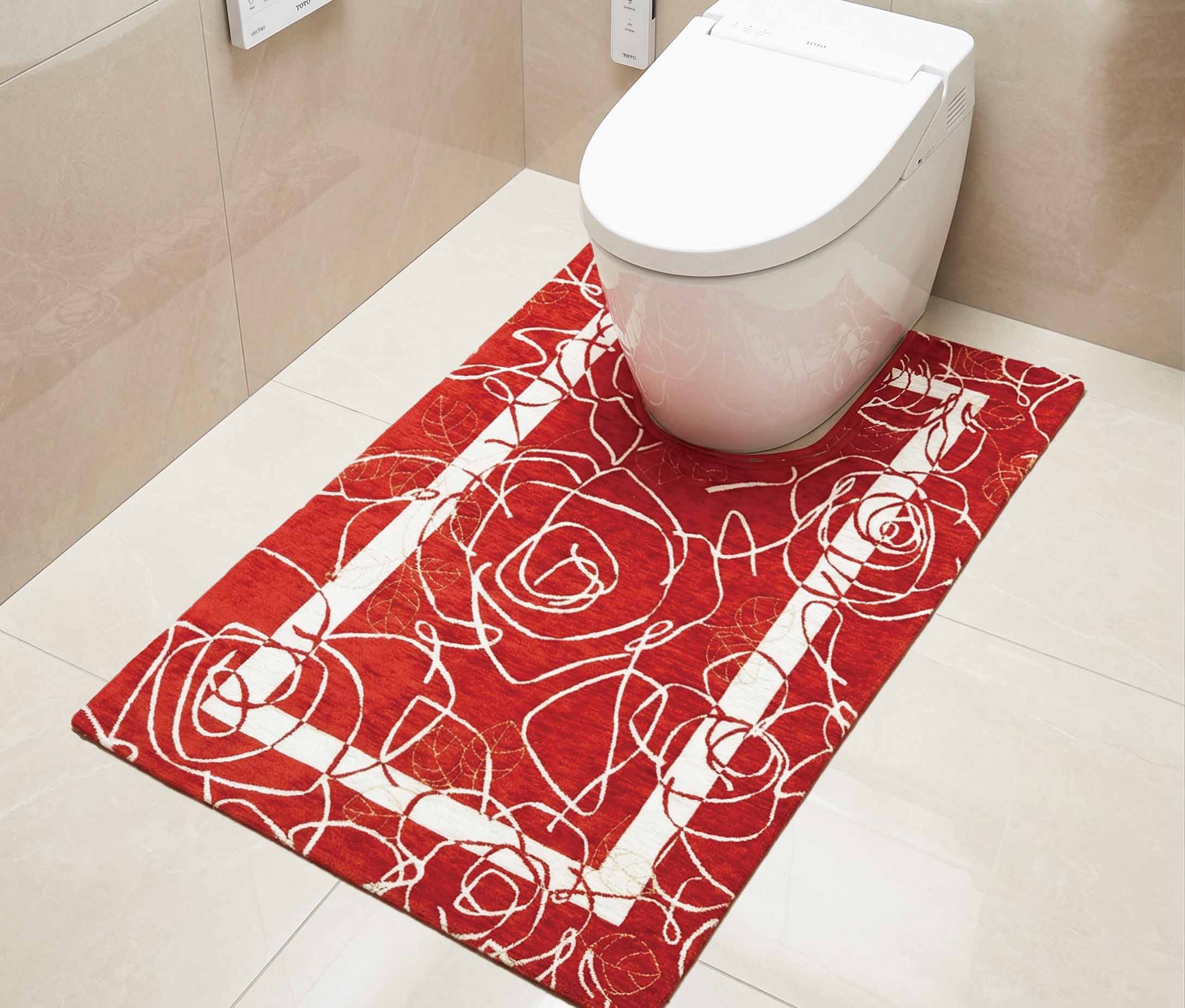 イタリア製トイレマット カメリア 65×110cm（レッド）