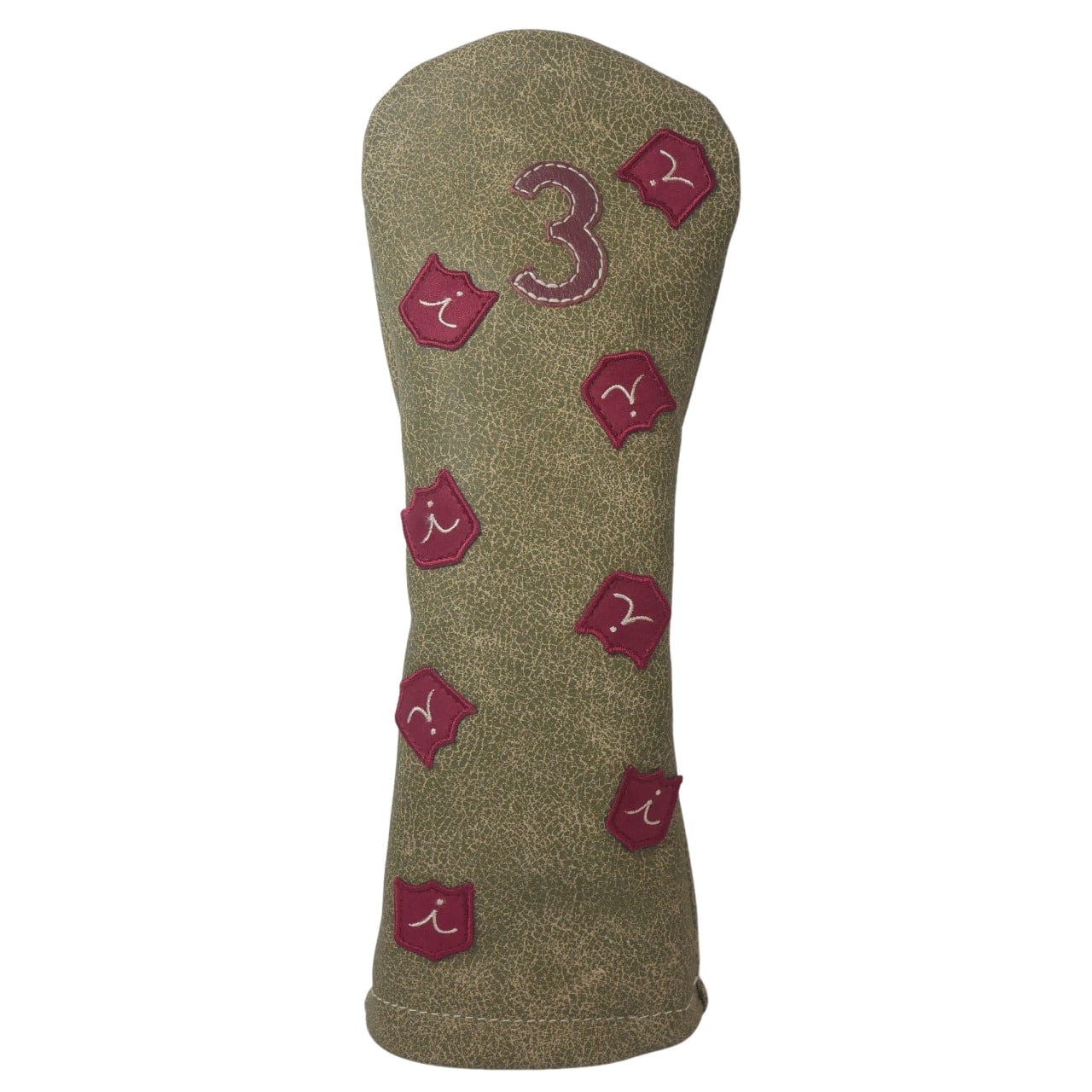 ゴルフヘッドカバー fw 3 イリアックゴルフ ダンシングクレスト オールドイングリッシュ グリーン x オックスブラッド 本革 手作り Iliac Golf Dancing Crest 3 Wood Cover Old English Green x Oxblood