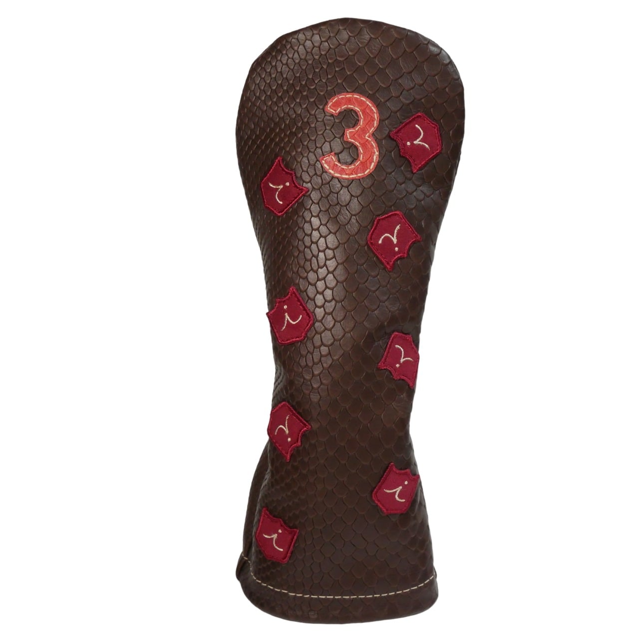 ヘッドカバー フェアウェイウッド 3 イリアック ダンシングクレスト  ブラウンボア x レッドボア 本革  手作りIliac Golf Dancing Crest 3 Wood Cover Brown Boa x Red Boa