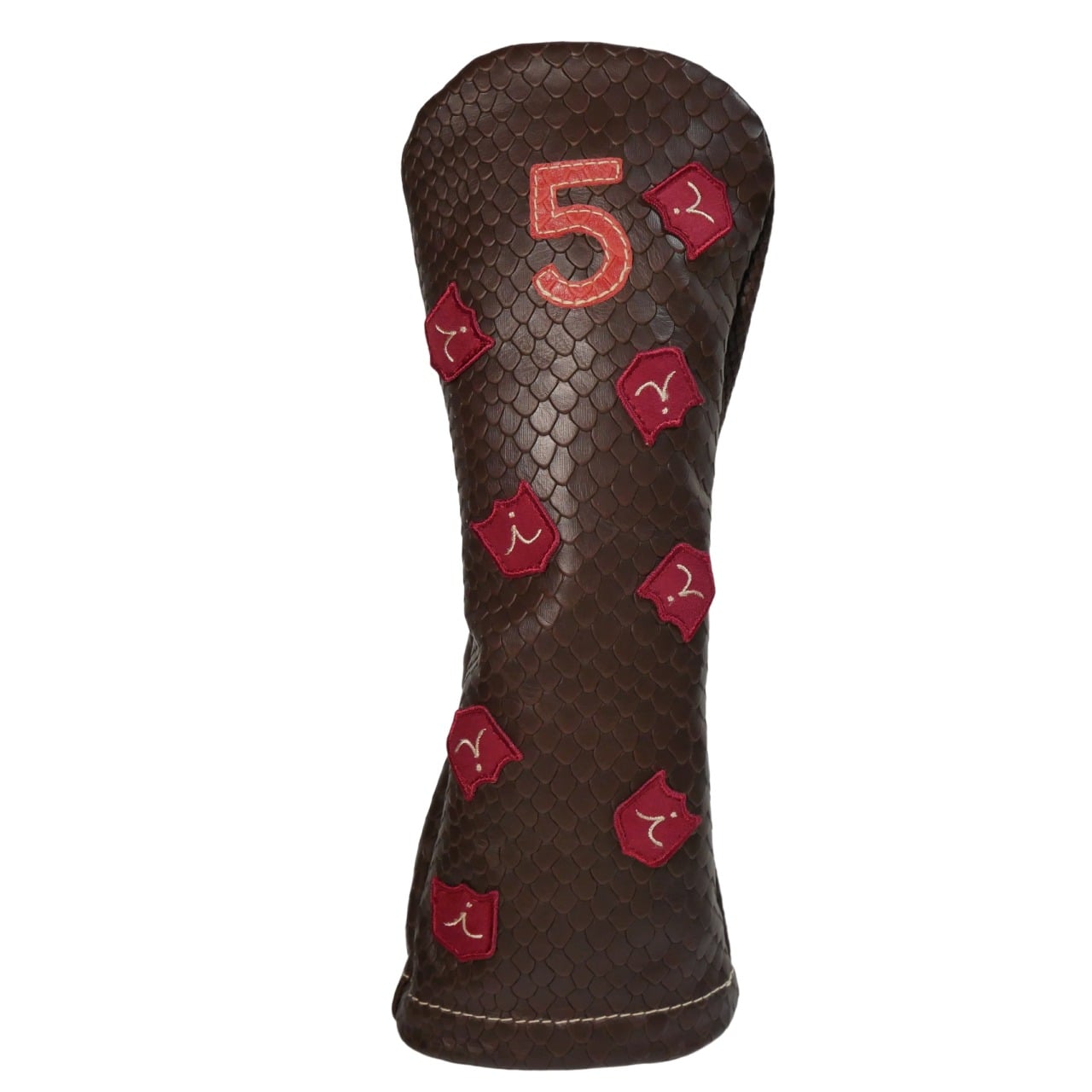 ヘッドカバー フェアウェイウッド 5 イリアック ダンシングクレスト  ブラウンボア x レッドボア 本革  手作りIliac Golf Dancing Crest 5 Wood Cover Brown Boa x Red Boa