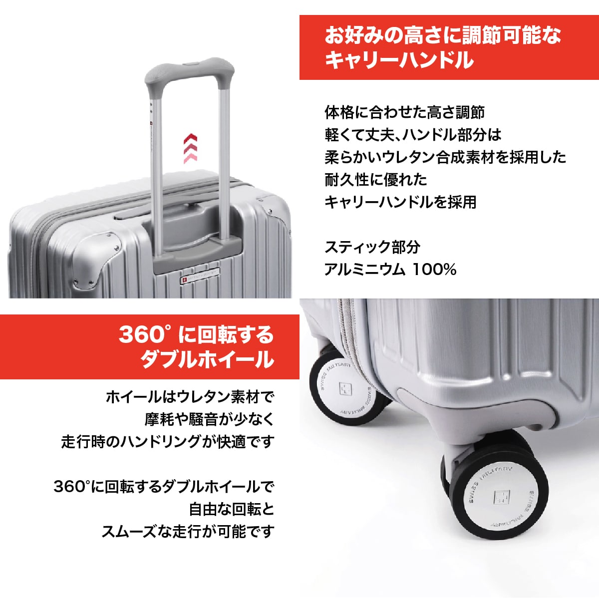 スーツケース 1～3泊 機内持込可能 Sサイズ 55cm 42L メタリックシルバー CYGNUS[シグナス] キャリーケース TSAロック ファスナータイプ SWISS MILITARY[スイスミリタリー] メタリックシルバー SM-A820 SILVER Sサイズ