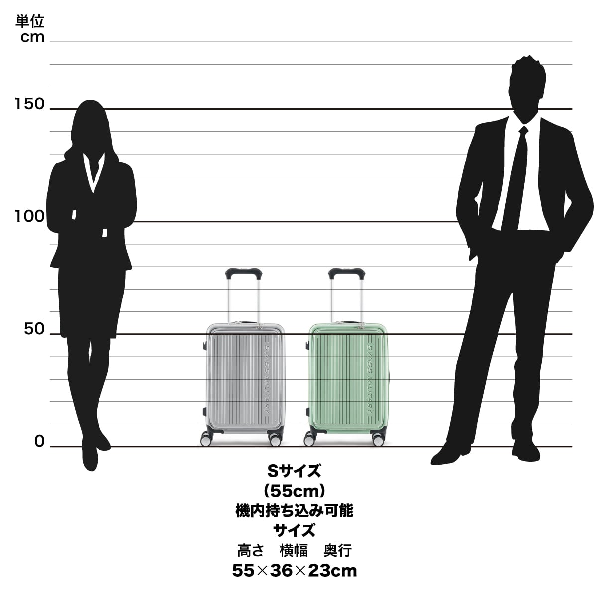 スーツケース フロントオープン Sサイズ 55cm 機内持ち込み可 1～3泊 33L シルバー キャリーケース ストッパー付キャスター USB充電ポート スーツケースカバー付/ネームタグ付 SWISS MILITARY[スイスミリタリー] AVENTURA[アベンチュラ] シルバー SM-A420P SILVER Sサイズ