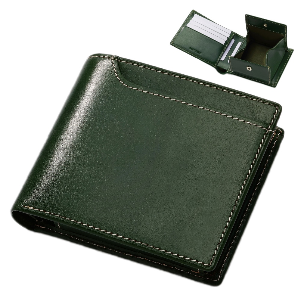[GLENCHECK]イタリアンレザー スリム二つ折り財布 グリーン [名入れ無料]