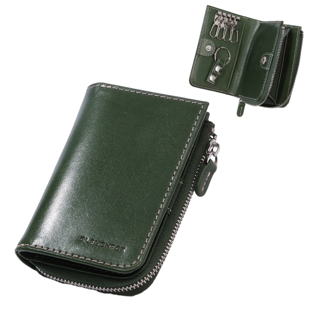 [GLENCHECK]イタリアンレザー キーケース コインケース付き 小銭入れ 本革 グリーン [名入れ無料]