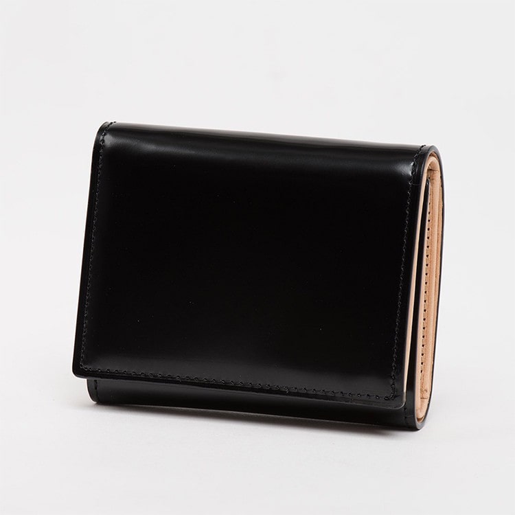 [FLYING HORSE]コードバン レザー 三つ折り コンパクト財布 ブラック [名入れ無料]