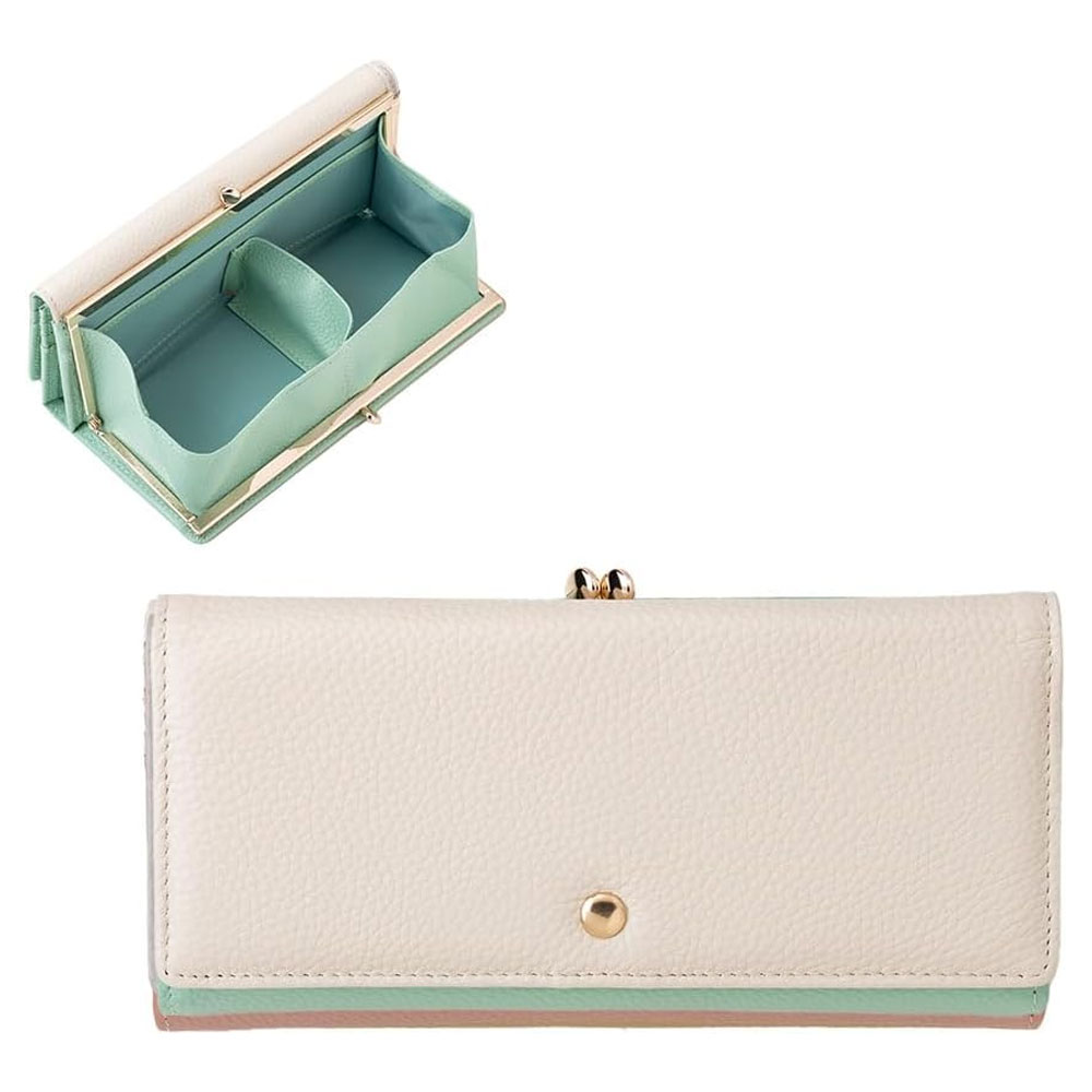 [CHIOCCIOLA]本革がま口 長札財布　ミント/アイボリー [名入れ無料]