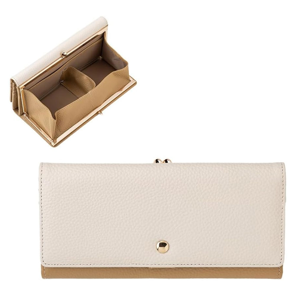 [CHIOCCIOLA]本革がま口 長札財布　カフェラテ/アイボリー [名入れ無料]