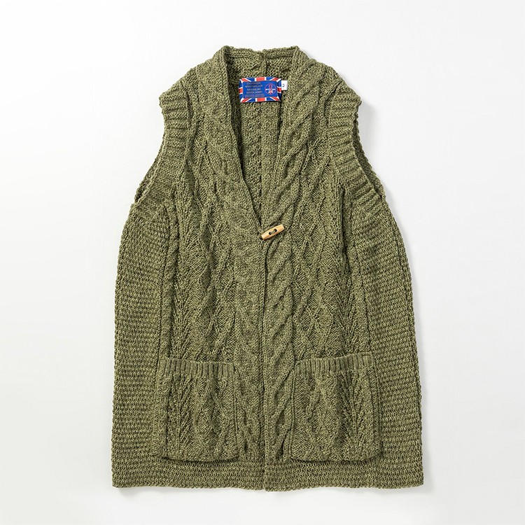 [JM COOPER] 英国製 レディース アラン模様 ベスト オリーブ L