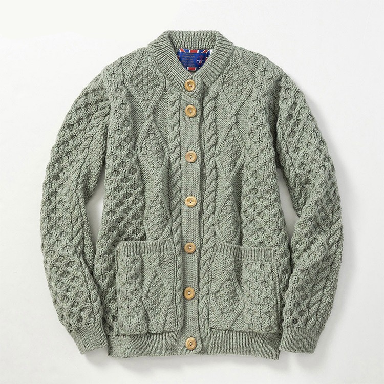 [JM COOPER] 英国製 レディース ケーブル クルーネック カーディガン セージグリーン L