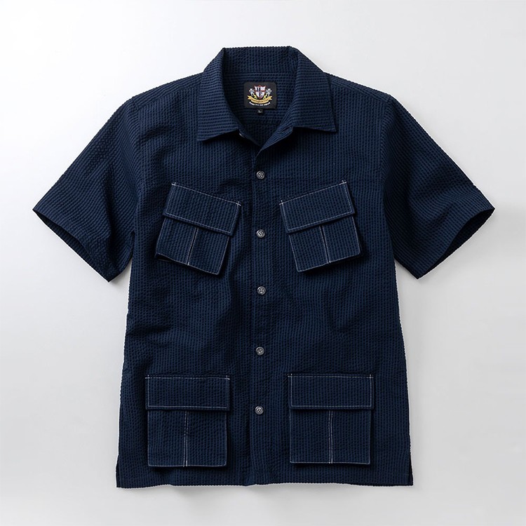 [Herringbone Club] ファティーグ シアサッカー 半袖シャツ （クールマックス ファブリック使用） ネイビー L