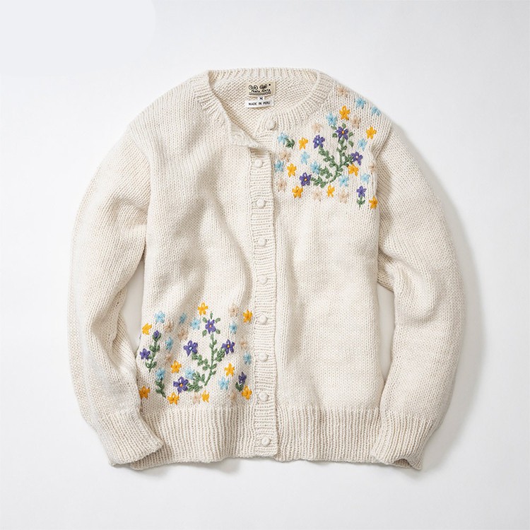 [warawara]ペルー製アルパカアシンメトリー手刺繍カーディガン　ホワイト　L