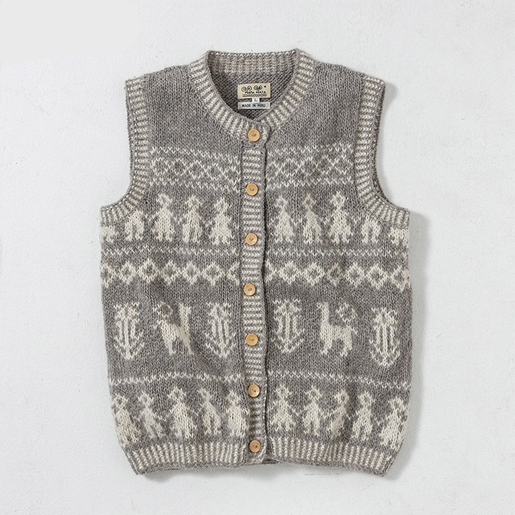 [warawara]  ペルー製 手編みキッズ柄 アルパカ ベスト グレー L