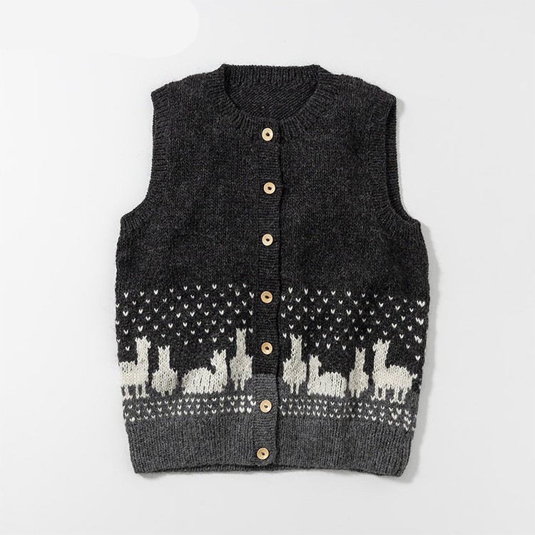 [warawara]  ペルー製 手編み 雪見 アルパカ　ベスト　チャコールグレー L