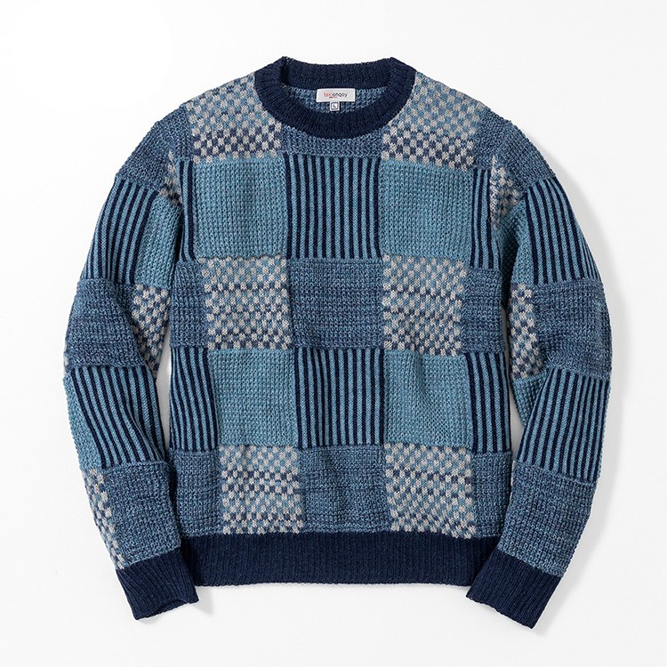 [takionqoy]アルパカ市松模様セーター　ブルー　L