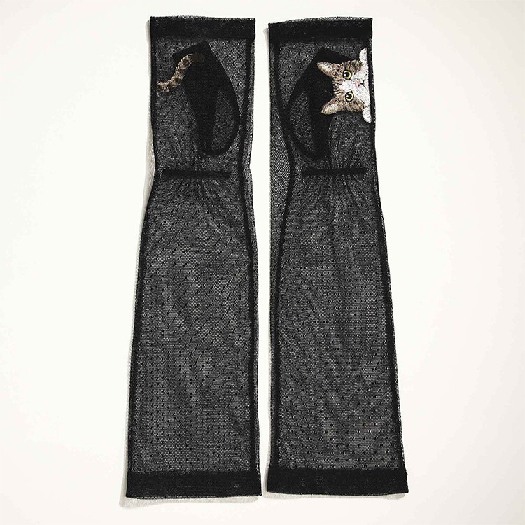 [佩 / ハク]猫刺繍 ミテーヌ アームカバー キジシロ セミロング UVケア 日本製 ブラックレース[ネコポス便出荷]