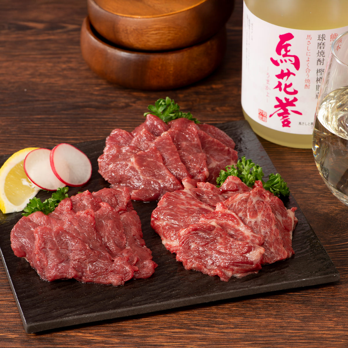 フジチク 馬刺しと焼酎の晩酌 ギフトセット 竹〔馬刺し3種、たれ、しょうが、焼酎〕