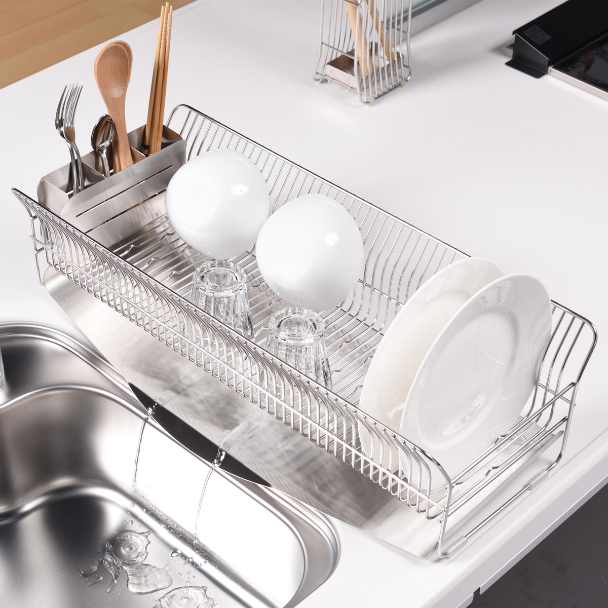 水切りラック 縦置きロングタイプ シルバー 〔外寸:約24.5×57.0×高さ16.0cm(トレイ含む)、重量:約2.41kg〕【沖縄県・離島 配送不可】