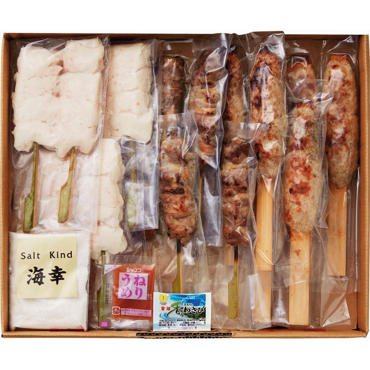 神楽坂 文ちゃん 近藤店主監修 比内地鶏串焼 3種計18本 詰め合わせ〔比内地鶏モモ肉串30g×6、比内地鶏ムネ肉串30g×6、比内地鶏つくね串40g×6、海幸塩30g×1、練り梅×1、わさび×1 〕