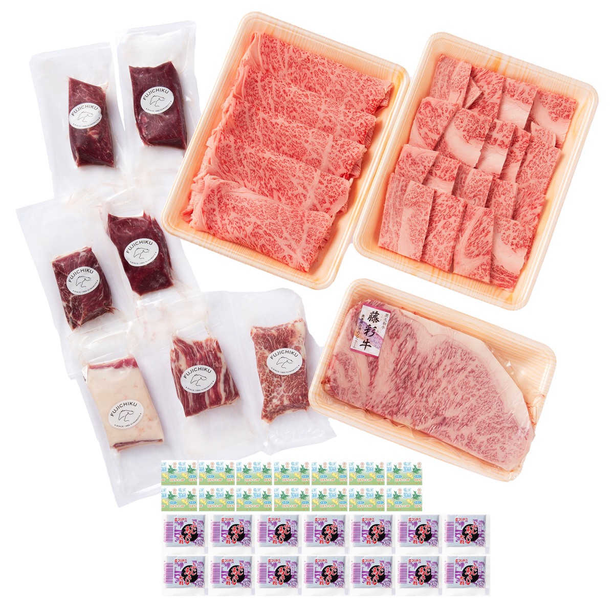 フジチク ふじ馬刺し 藤彩牛 プレミアム 3段 ギフトセット〔馬刺し7種、藤彩牛3種、たれ、しょうが〕