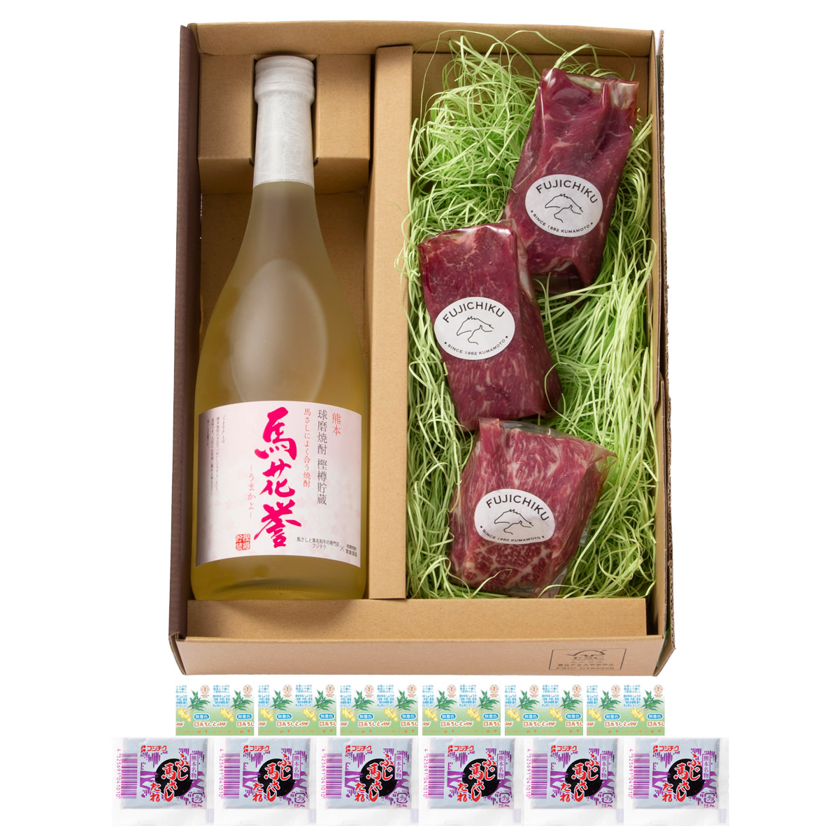 フジチク 馬刺しと焼酎の晩酌 ギフトセット 竹〔馬刺し3種、たれ、しょうが、焼酎〕