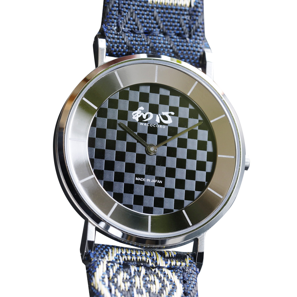 和心 畳縁バンド 薄型 日本製腕時計 市松模様 黒 〔全長約25cm・ベルト幅2cm〕