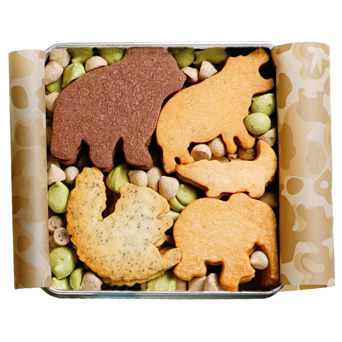 TABLES アニマルクッキー 陸の動物 BROWN缶 〔220g(ゾウ・クマ・リス・カバ・ワニ各6、メレンゲ菓子)〕