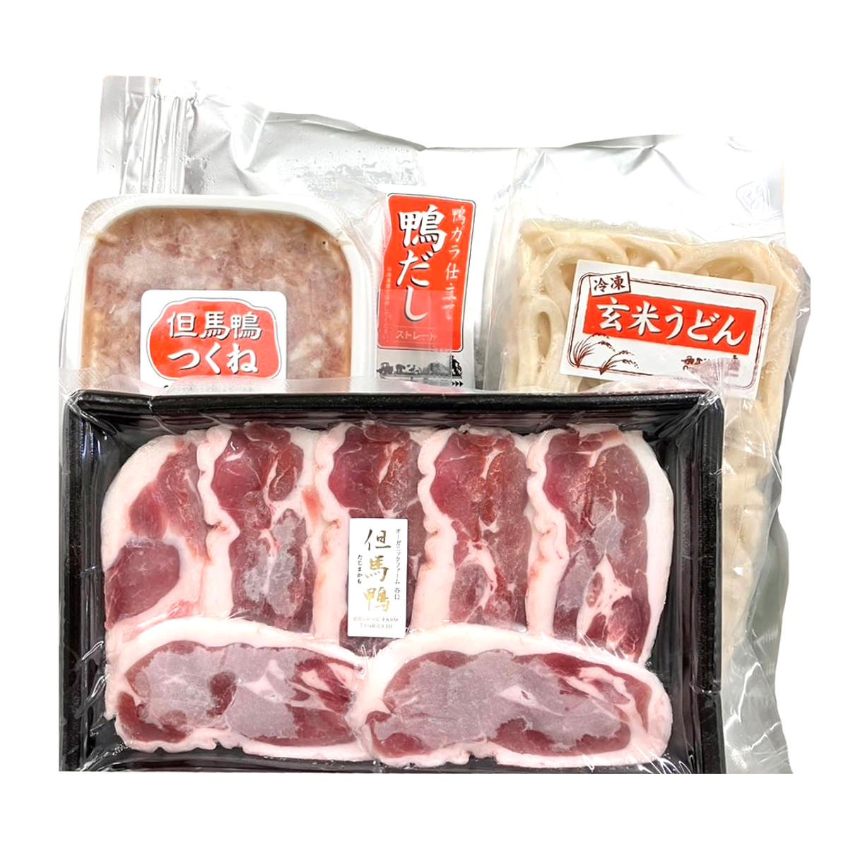 但馬鴨 鴨鍋 2人前 詰め合わせ 〔但馬鴨肉スライス100g、但馬鴨つくね100g、鴨だし800ml、玄米うどん200g〕