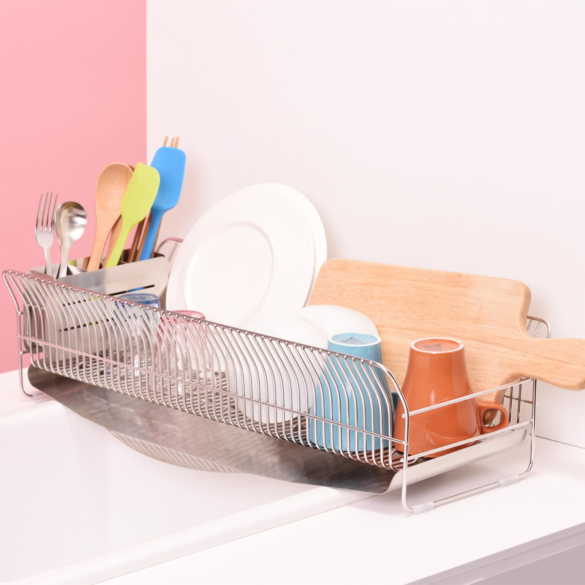 水切りラック 縦置きロングタイプ シルバー 〔外寸:約24.5×57.0×高さ16.0cm(トレイ含む)、重量:約2.41kg〕【沖縄県・離島 配送不可】