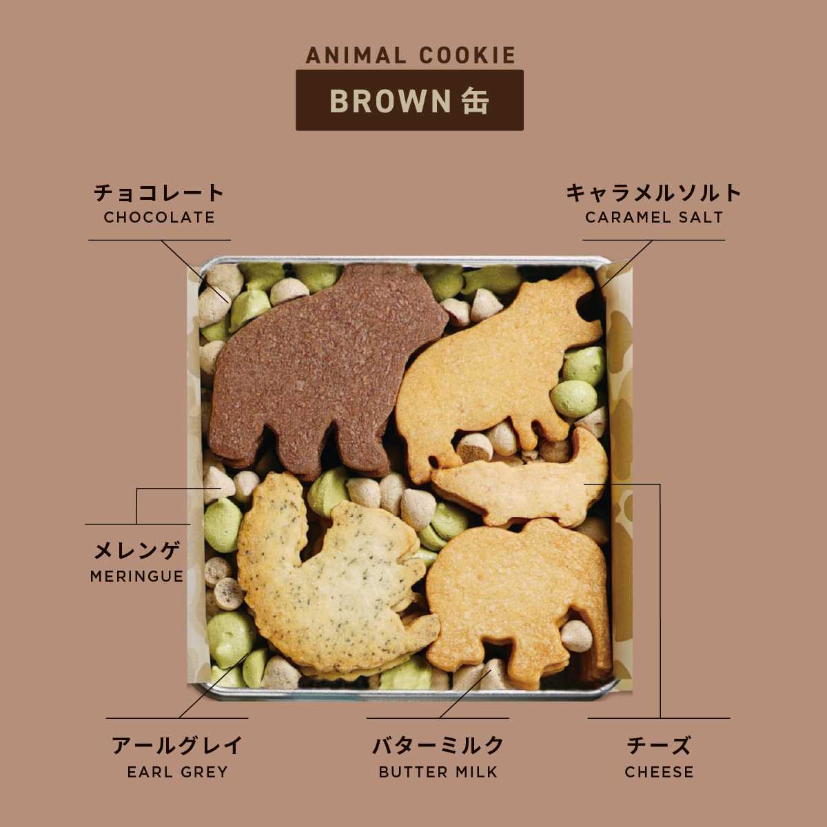 TABLES アニマルクッキー 陸の動物 BROWN缶 〔220g(ゾウ・クマ・リス・カバ・ワニ各6、メレンゲ菓子)〕