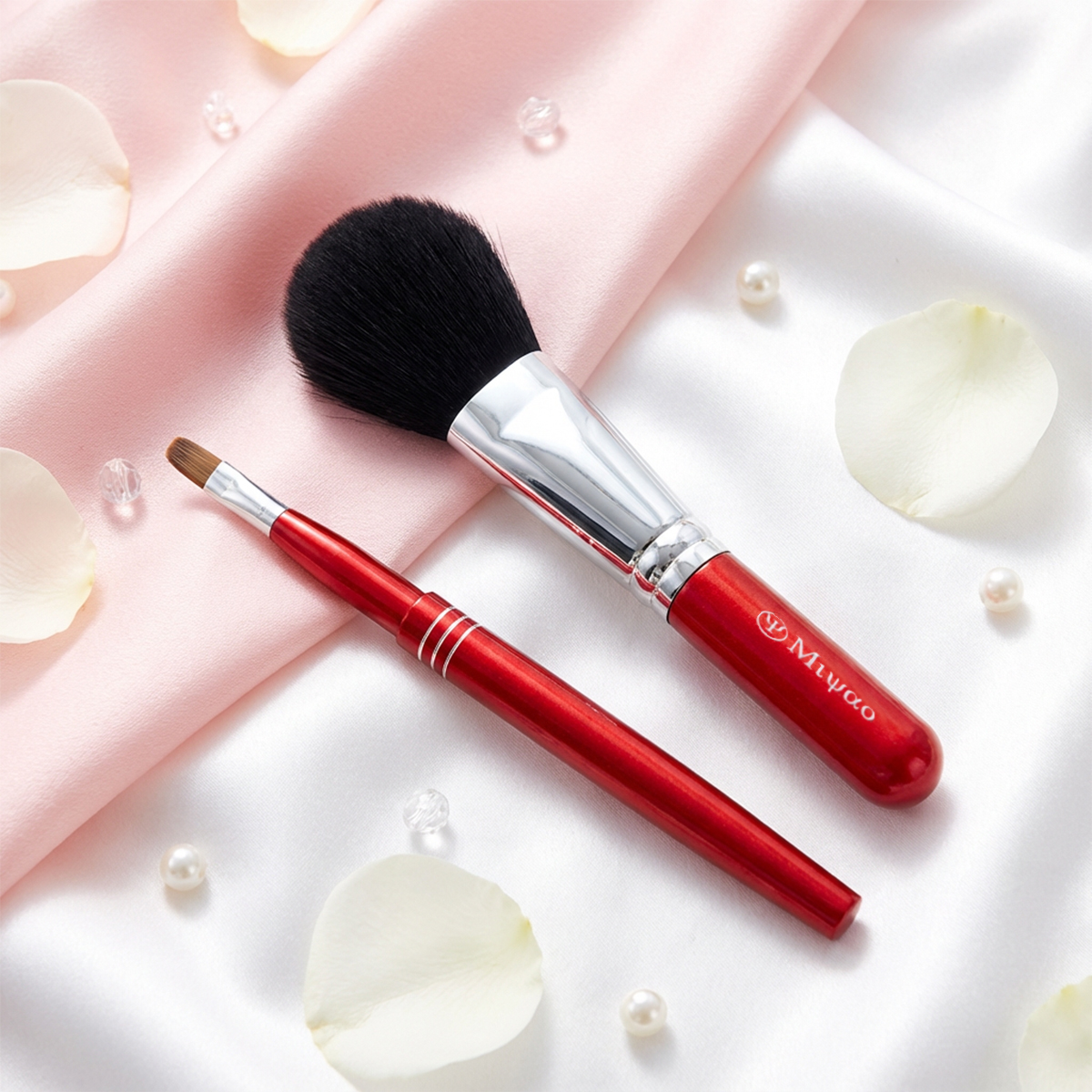 熊野化粧筆メイクブラシ2点セット [チークブラシ＆携帯リップブラシ]レッドパール