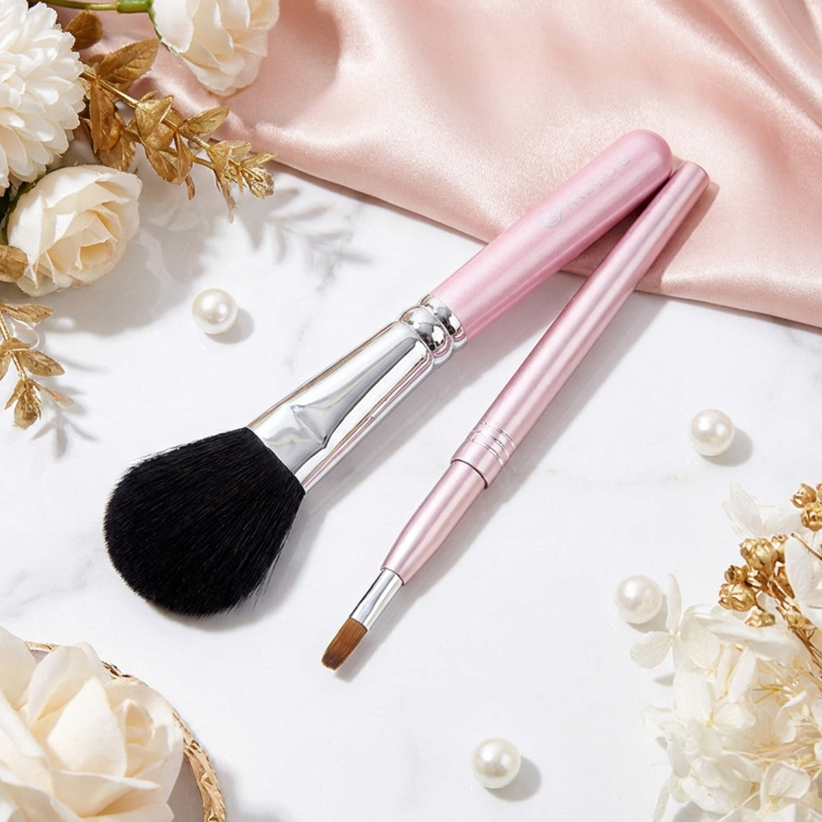 熊野化粧筆メイクブラシ2点セット [チークブラシ＆携帯リップブラシ]　ピンクパール