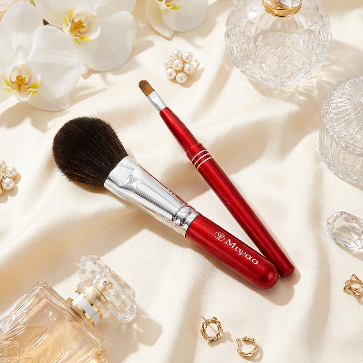 熊野化粧筆メイクブラシ2点セット [灰リス100％チークブラシ（S）＆携帯リップブラシ]レッドパール