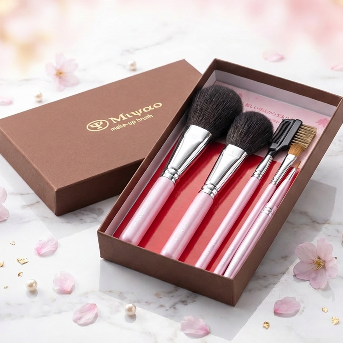 【日本ギフト大賞 2015 広島賞】熊野化粧筆メイクブラシ　ピンクパール5点セット　癒しの熊野化粧筆　宮尾　広島県　熊野筆の証シリアルナンバー付き商品