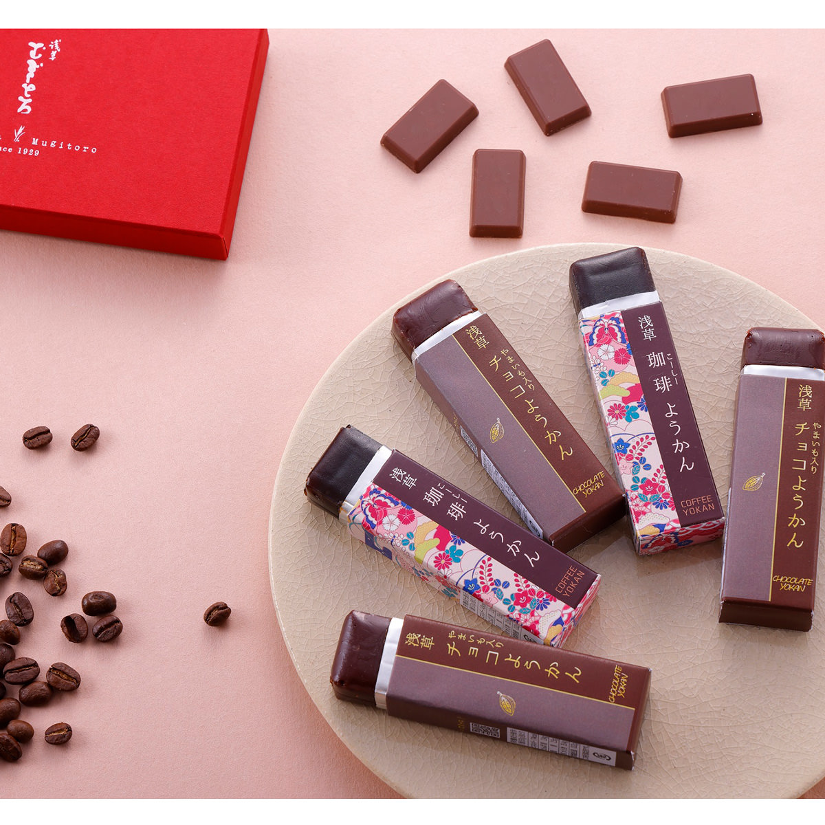 浅草むぎとろ ようかん2種 詰め合わせ 〔やまいも入りチョコようかん50g×3、珈琲ようかん50g×2〕