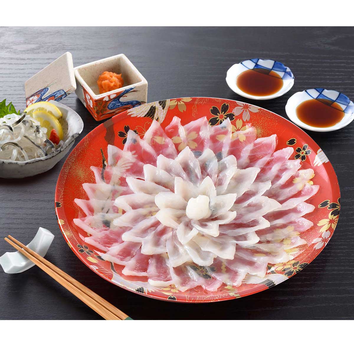 とらふく刺身セット 約2、3人前 〔とらふぐ刺身65g、とらふぐ皮30g、ふくポン酢10ml×3、もみじおろし10g×3〕