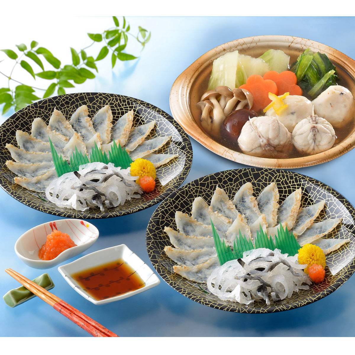 ふくたたき刺身とふく個食鍋セット 約1人前 〔個食鍋300g、刺身20g×2、とらふぐ皮20g×2、薬味ほか〕