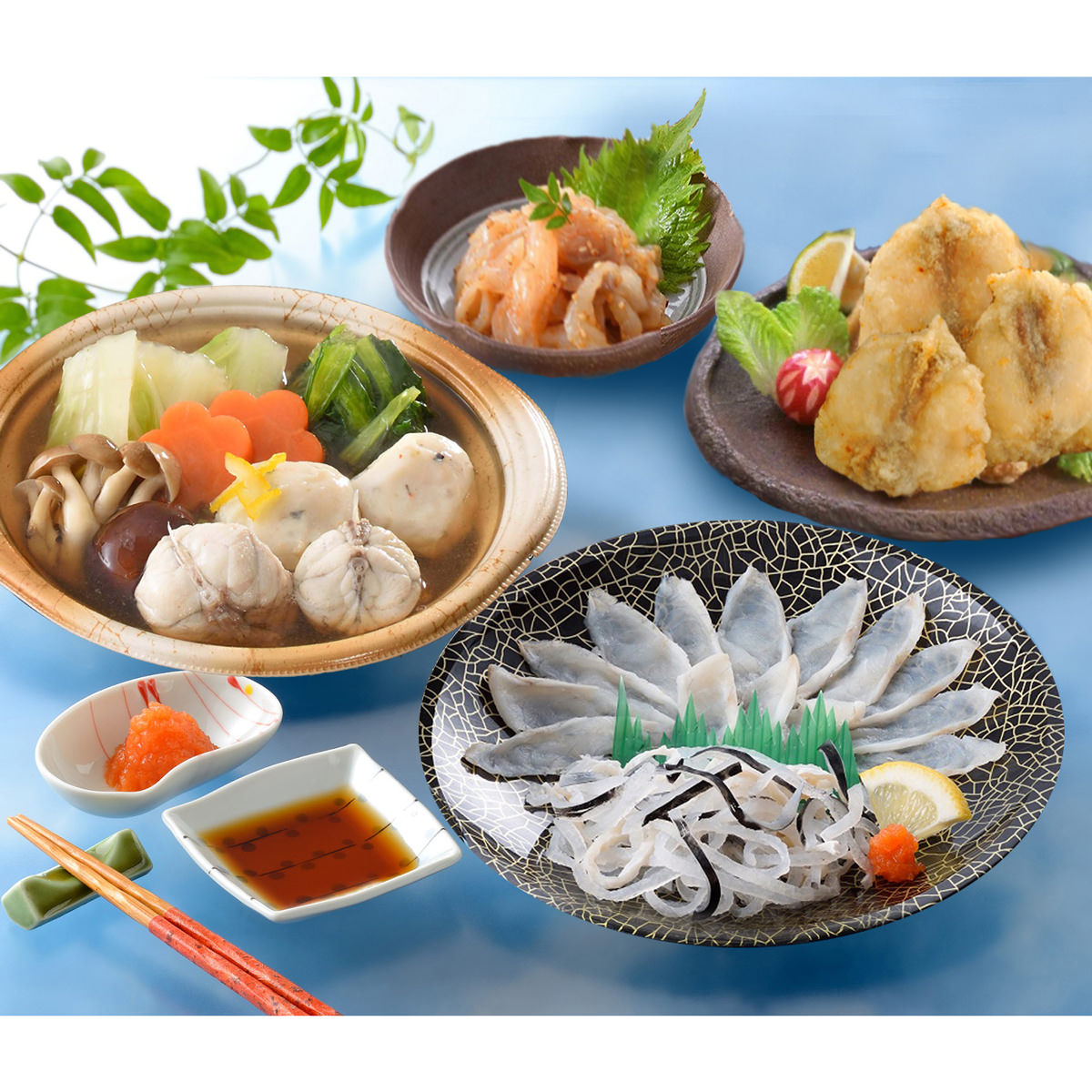 ふくたたき刺身とふく個食鍋セット 約1人前 〔真ふぐ寄せ鍋、真ふぐたたき刺身、皮、唐揚げ、塩辛、薬味〕