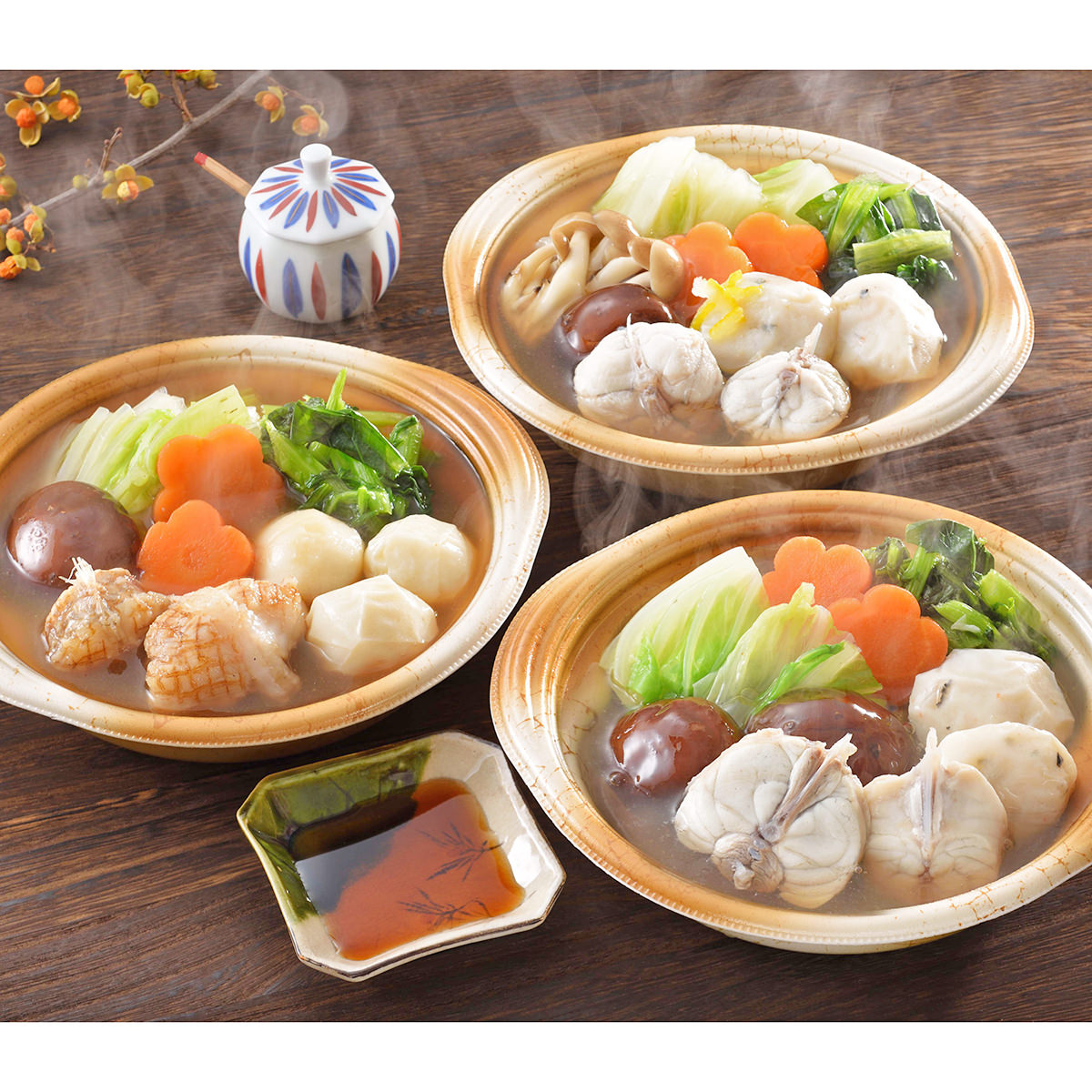 レンジで簡単 個食鍋 3種 セット 〔とらふぐちり鍋・真ふぐ寄せ鍋・あんこう鍋各300g、ふくポン酢、もみじおろし〕
