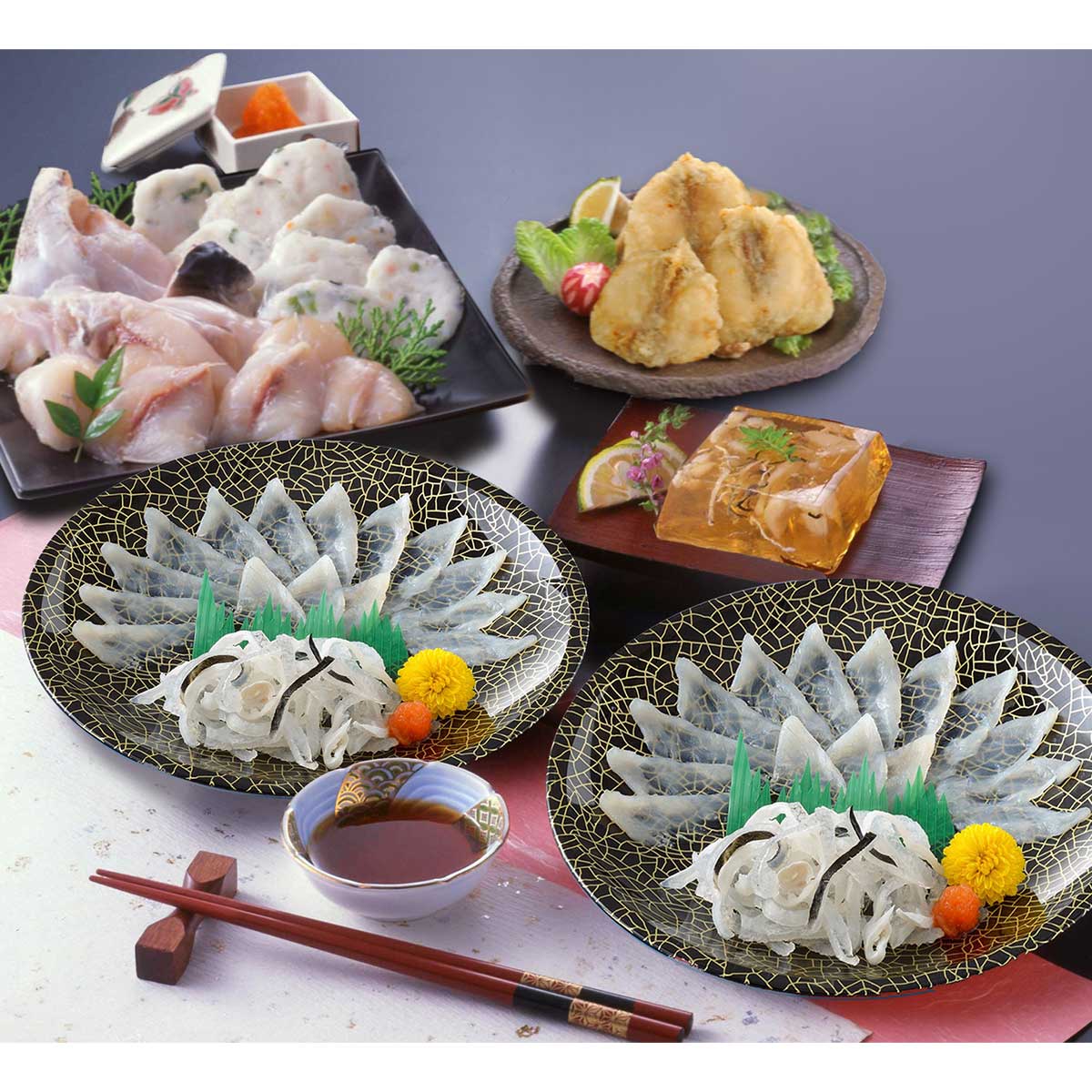 ふくづくし だんらんセット 約2人前 〔とらふぐ刺身、とらふぐ皮、ふぐちり、ふぐ唐揚げ ほか全7種、薬味ほか〕