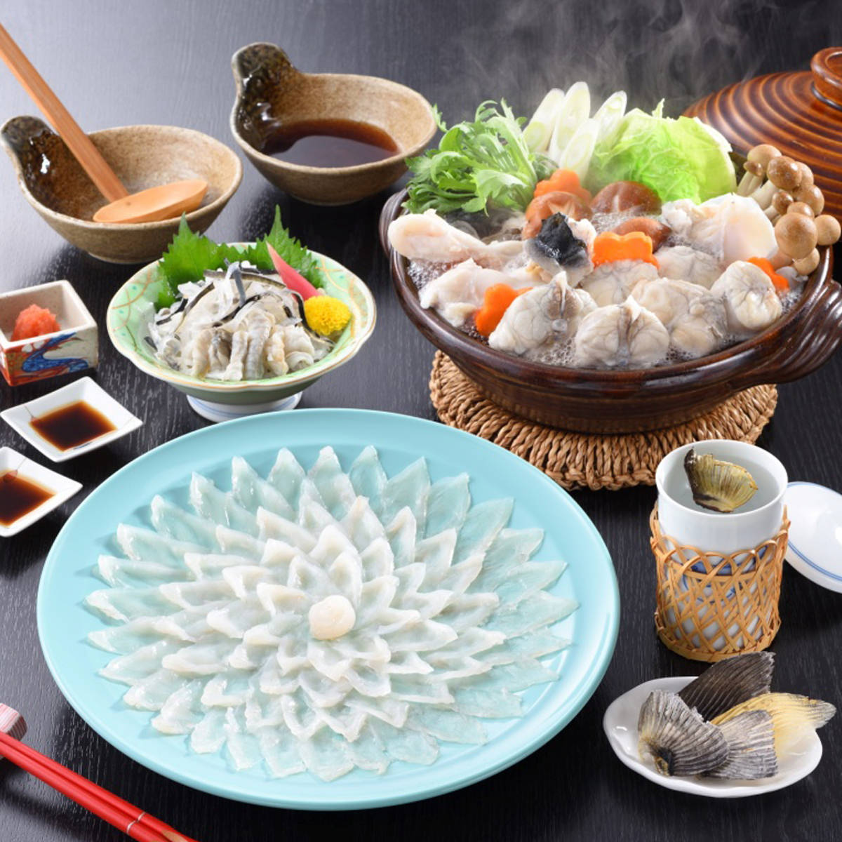 とらふく料理フルコース 3～4 人前セット 〔とらふく刺身100g、とらふく皮湯引き80g ほか全4種 薬味〕