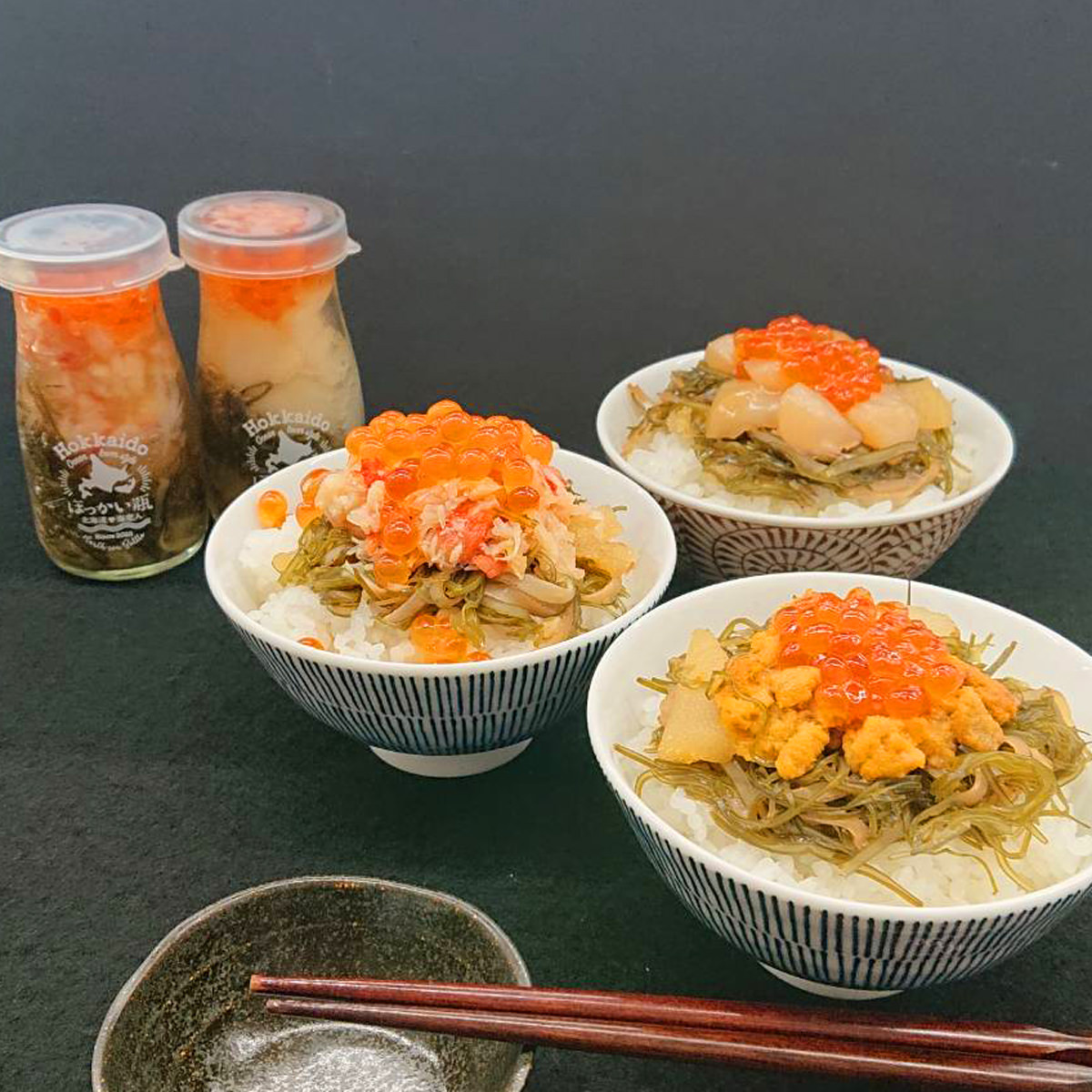 北海道 海恋人ほっかい瓶 うに入 〔うに・たらば蟹・ほたて 各90g〕