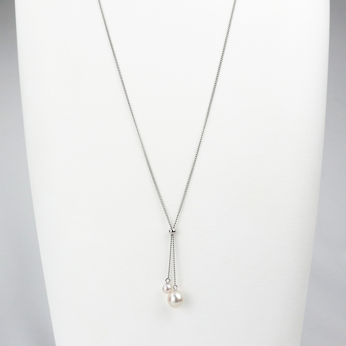 アコヤ真珠 2粒 5.0-9.0mm ロング チェーン ネックレス 〔チェーン：80cm＋5cmアジャスター〕