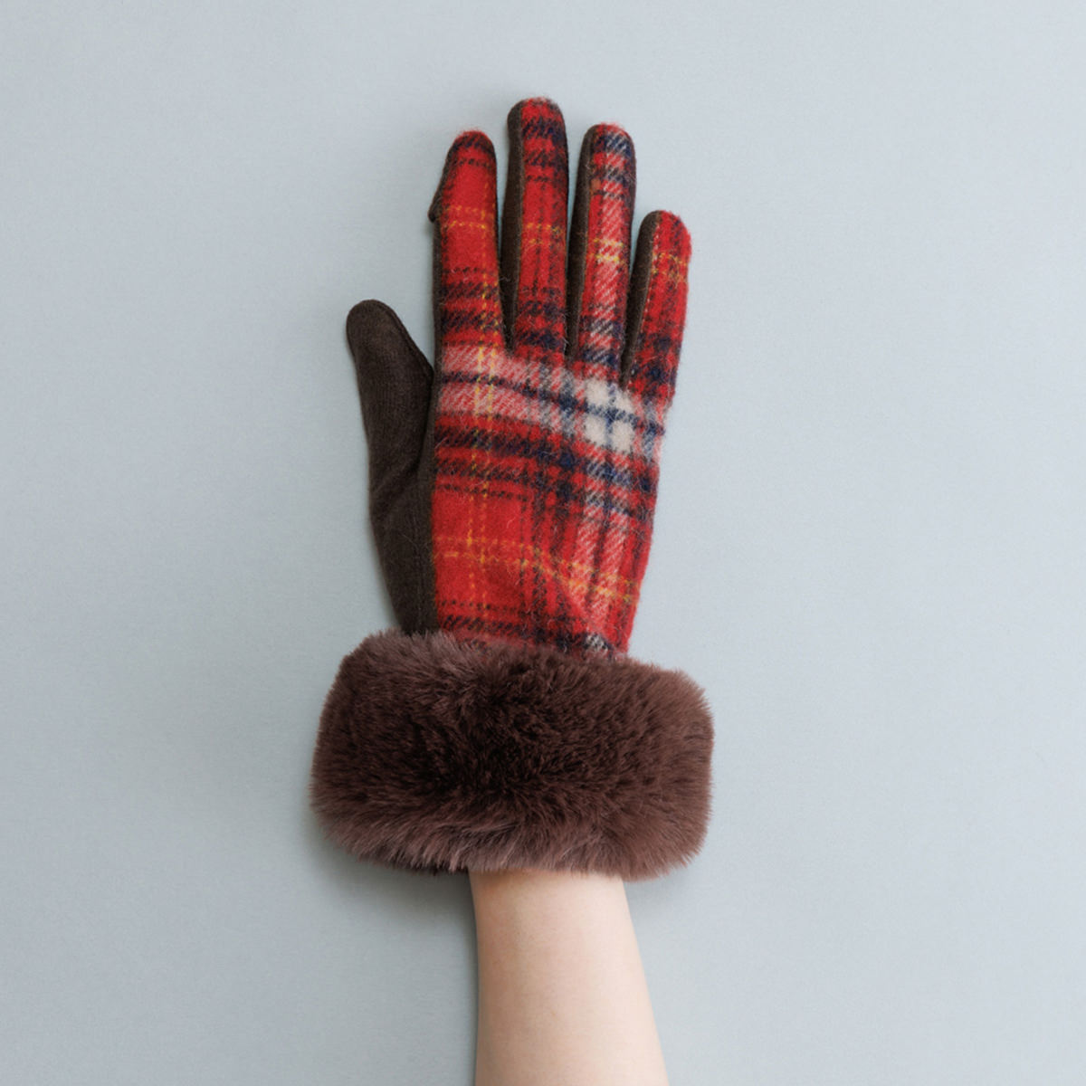KURODA クロダ 女性用 タータンチェック フェイクファー ジャージグローブ タッチパネル対応 〔手囲いサイズ：21～22cm〕