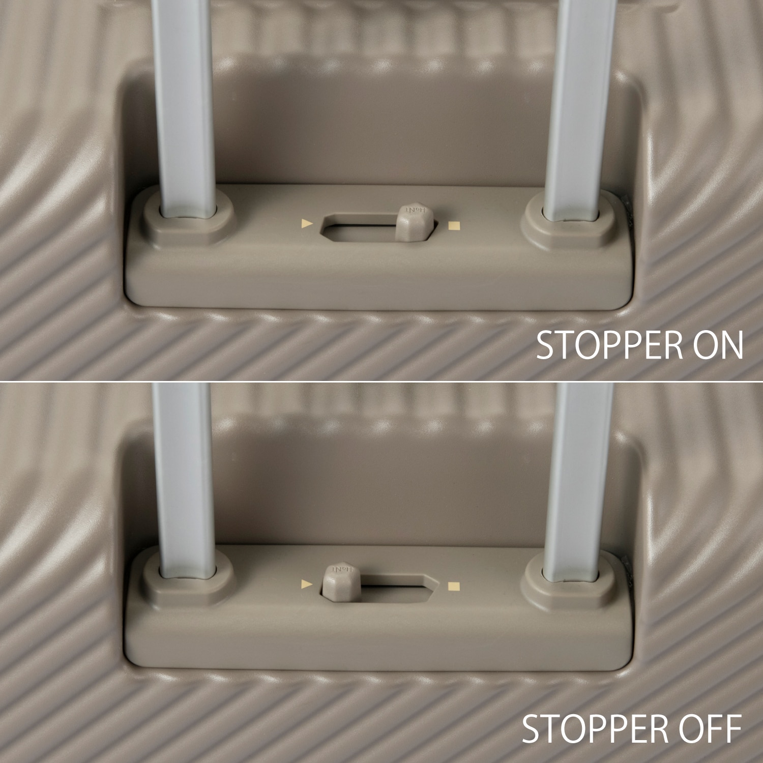 キャスターストッパー(▲:ストッパーオフの状態/■:ストッパーオンの状態)