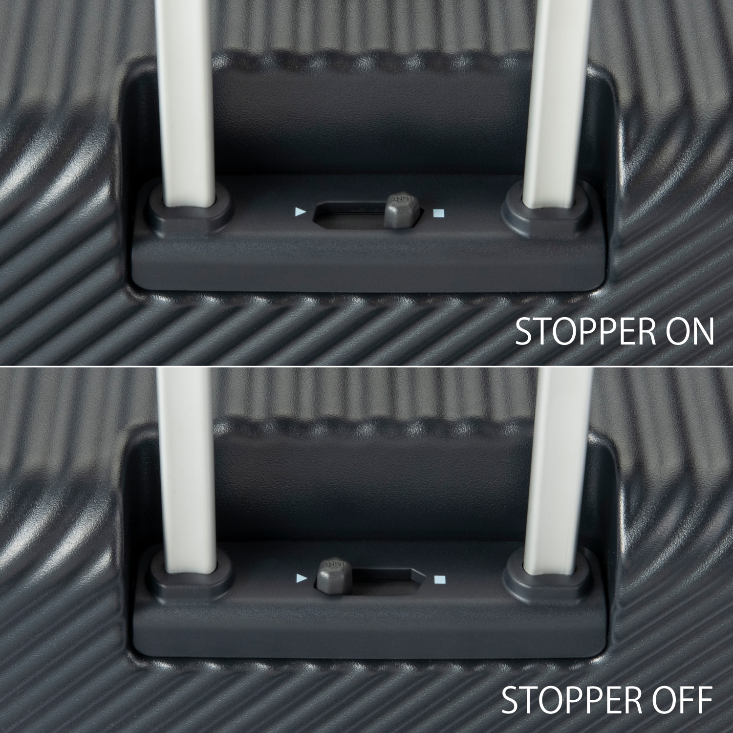 キャスターストッパー(▲:ストッパーオフの状態/■:ストッパーオンの状態)