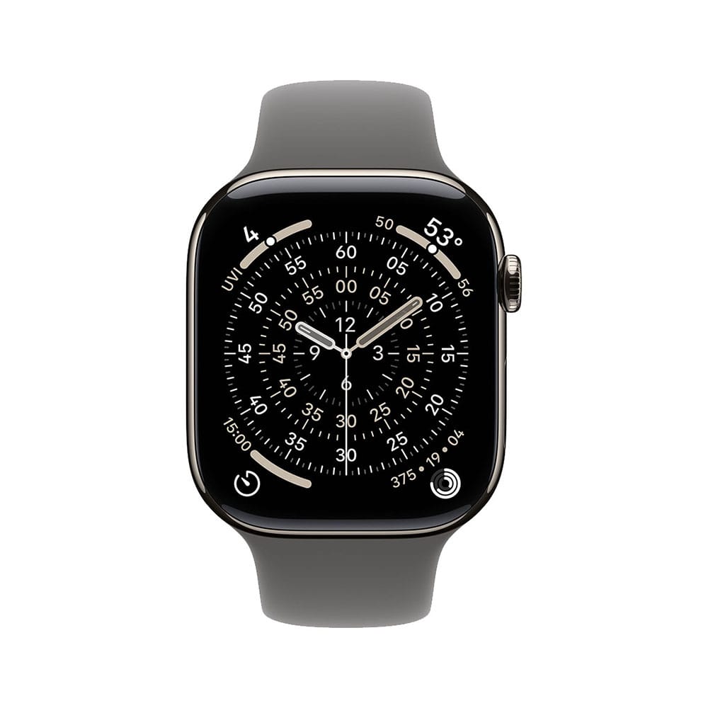 Apple Watch Series 11(GPS + Cellularモデル)- 42mmナチュラルチタニウムケースとストーングレイスポーツバンド - S/M