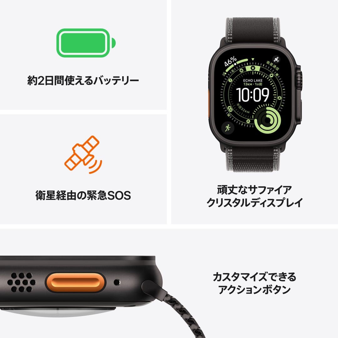 Apple Watch Ultra 3(GPS + Cellularモデル)- 49mmブラックチタニウムケースとブラック/チャコールトレイルループ - S/M with AppleCare+