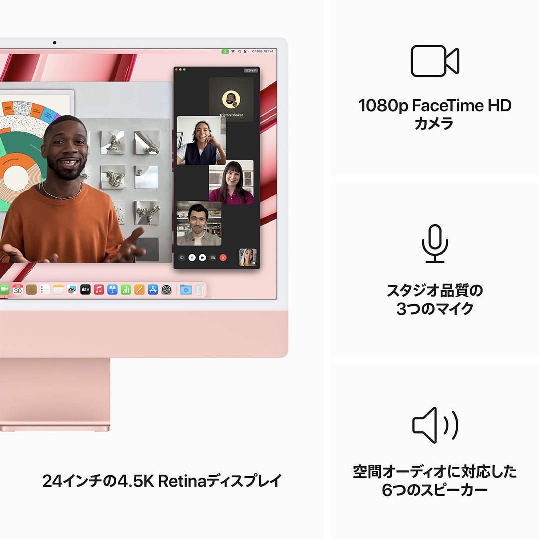 24インチiMac Retina 4.5Kディスプレイモデル: 8コアCPUと10コアGPUを搭載したApple M3チップ,  8GBユニファイドメモリ 512GB - ピンク with AppleCare+